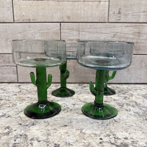 Vintage Saguaro Cactus Hand Blown Mexican Art Glass Margarita Glass 5pc Set - Picture 2 of 16
